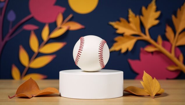 Baseball on colorful pedestal amidst whimsical leafy backdrop playful art-focused