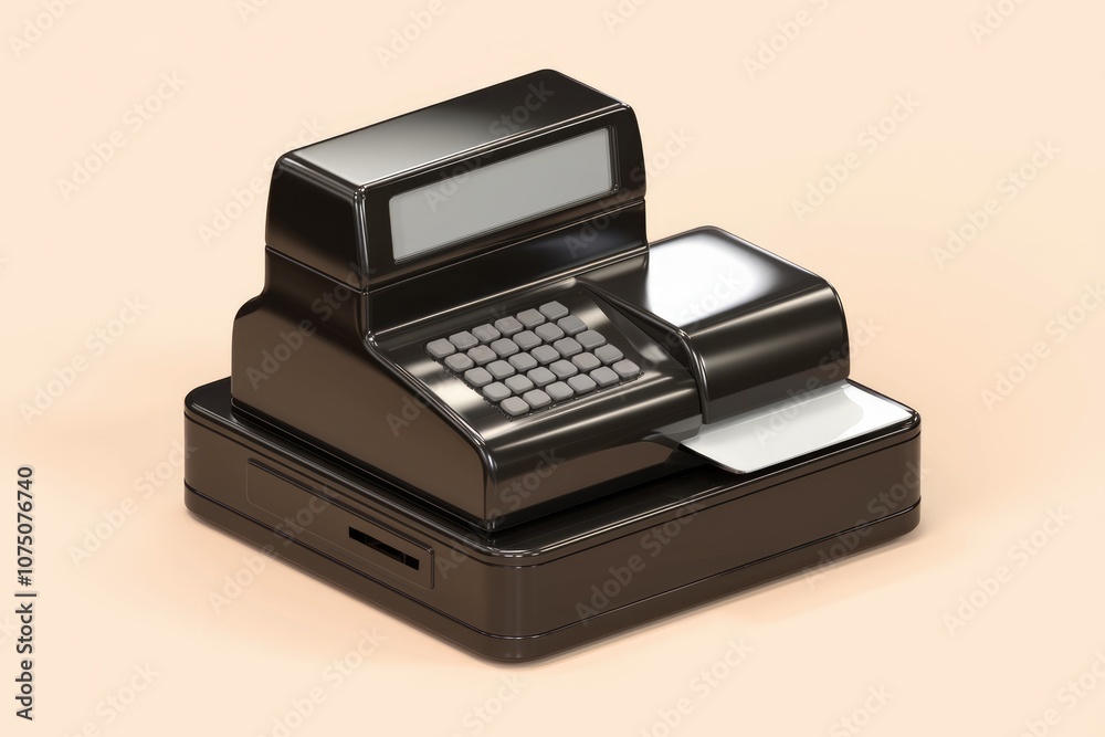 Poster a black cash register with a screen and buttons.