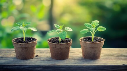 Three Young Green Seedlings in Small Pots on Wooden Surface with Blurred Nature Background, Symbolizing Growth and New Beginnings in Gardening and Botany