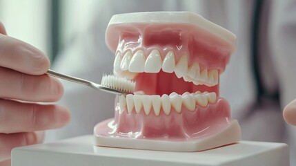 Obraz premium Hands of dentist doctor showing how to brush teeth using jaw model, cropped