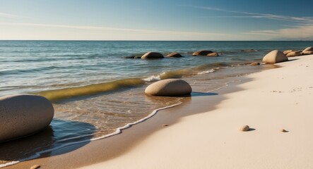 Obraz premium Sunlit Water Over Smooth Rocks at the Shoreline.
