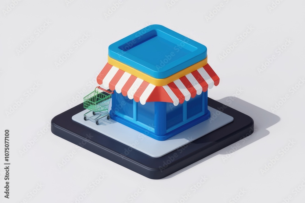 Poster 3D rendering of a small store with a shopping cart