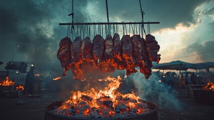 Large barbecue with meat hanging over a fire pit, surrounded by people and smoke