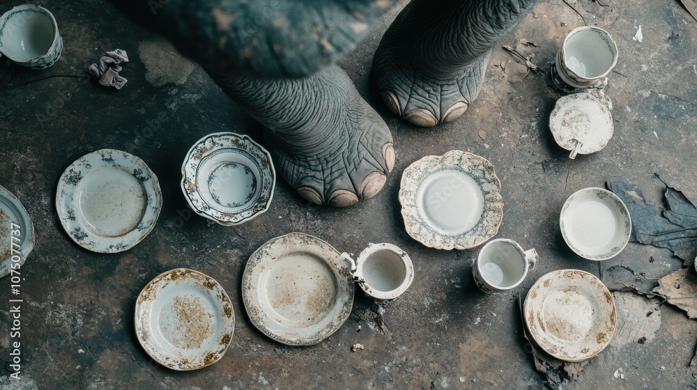 Poster an overhead view of an elephant's feet near vintage plates and cups on a dusty surface during the da
