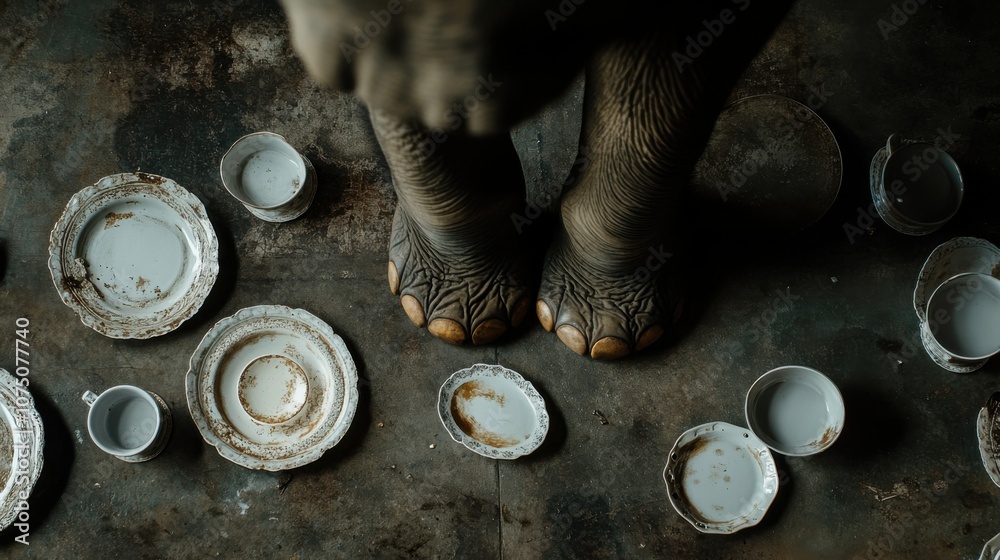 Poster An overhead view of an elephant’s feet surrounded by ancient dishes in a rustic setting during daylight hours
