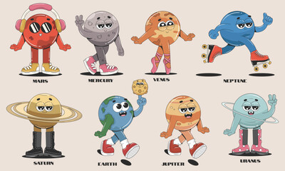 Сollection of cartoon solar system planets. Cute groovy characters for kids education. Sticker set of 70s 80s style. Vector illustration.  © Maria