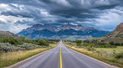 Naklejka premium A winding country road leads through the serene mountains of the USA under a dramatic sky with looming clouds
