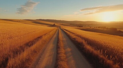 Fototapeta premium A serene country road meandering through fields of golden wheat at sunset, inviting peaceful travel and connection with nature