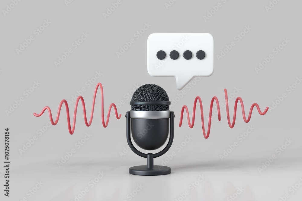 Poster a vintage microphone with a speech bubble and sound waves.