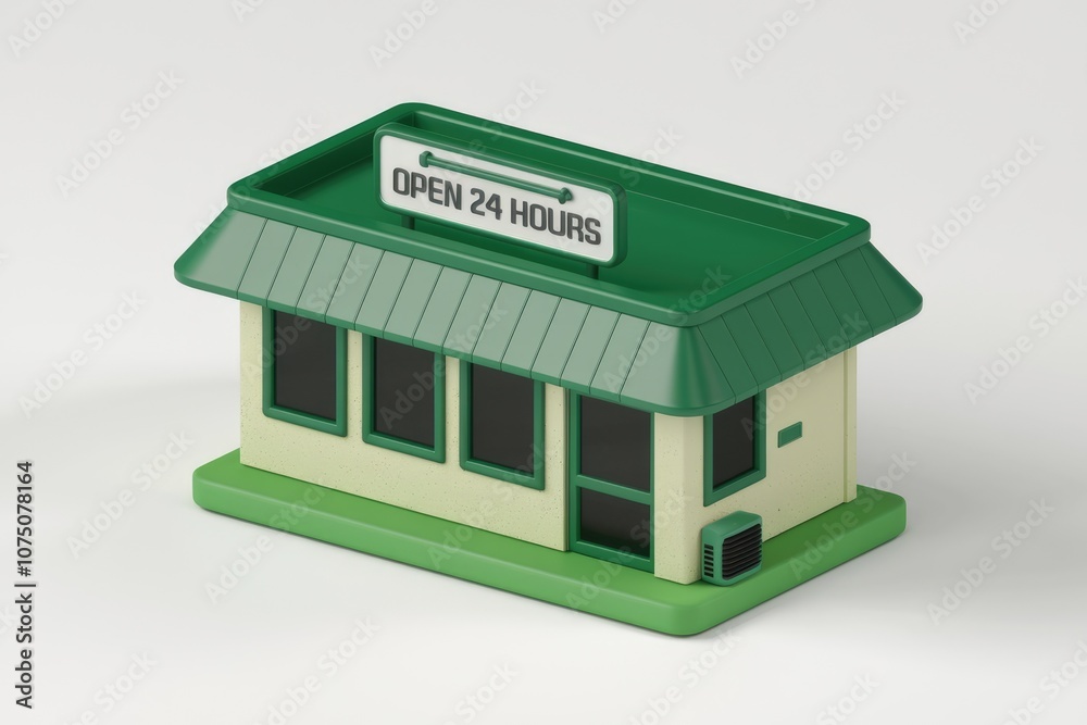 Poster A 3D model of a small building with an open 24 hours sign.