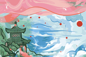 The liquid painting abstract background with houses ancient Chinese style building and water plants is a good image for image elements