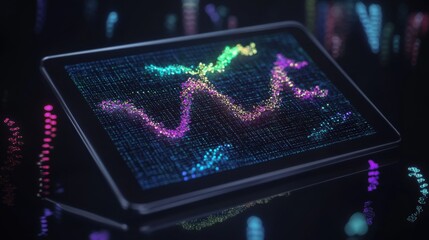 An artistic representation of the human genome displayed on a digital tablet against a vibrant background