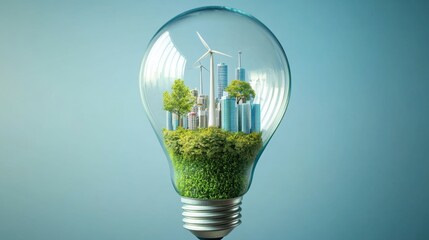 A Creative Representation of Sustainable Urban Development Inside a Light Bulb Illustrating Eco-Friendly Cityscape and Renewable Energy Concepts for Future Living