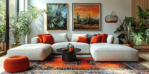 Modern living room with white sectional sofa, orange throw pillows, and a patterned rug.