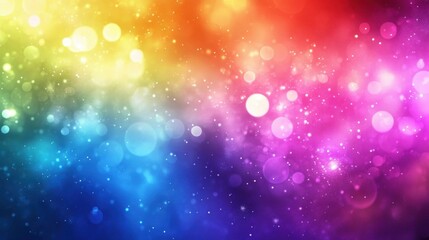Vibrant and colorful bokeh background, with a gradient of colors ranging from yellow to blue, and scattered with circular bokeh lights of various sizes and colors