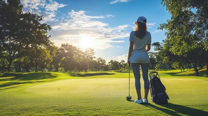 Fototapeta premium A woman on the fairway enjoying a sunny day while preparing to hit her golf ball at a scenic course during late afternoon