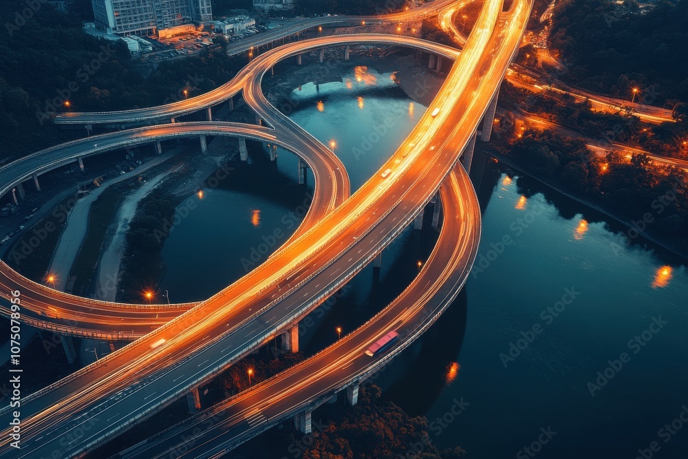 Poster aerial view of a busy multi-lane highway weaving over water during twilight showcasing vibrant light