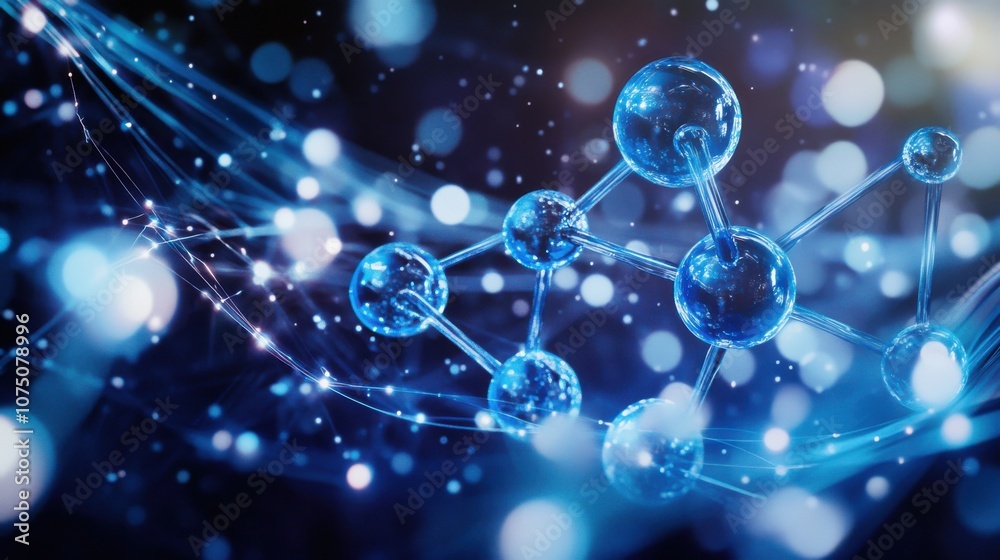 Poster a detailed close-up view of molecular bonding showcasing blue spheres and connected strands in a dyn