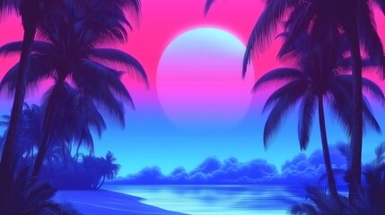 Vibrant tropical landscape at sunset with palm trees silhouetted against a pink and blue sky. Synthwave, vaporware atmosphere