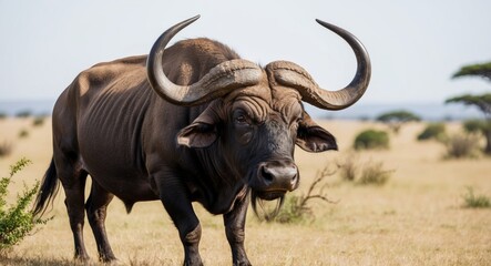 Naklejka premium An African buffalo with huge horns grazes in the savannah.