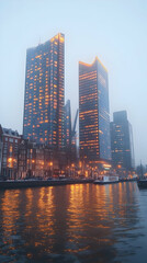 Obraz premium Photo: Amsterdam Cityscape at Dusk with Illuminated Buildings and Canal Reflections