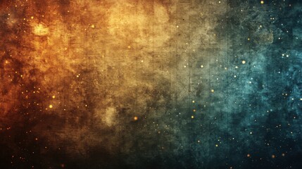 Cosmic scene with a vibrant blend of orange and blue hues, resembling a celestial landscape with shimmering stars scattered across the canvas