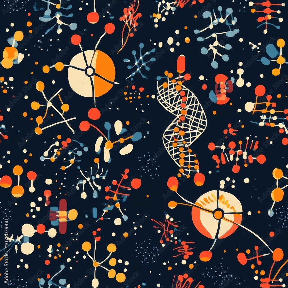 Poster Vibrant and colorful pattern of stylized nucleotides representing DNA sequences on a dark background with diverse organic shapes