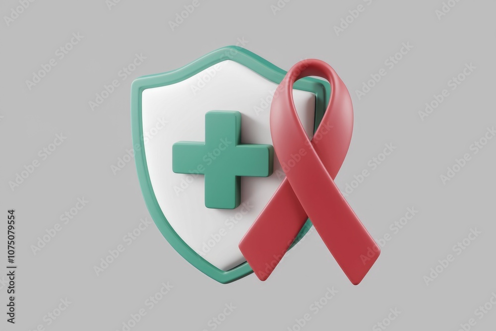 Poster Green shield with a cross and a red ribbon  symbolizing health protection.