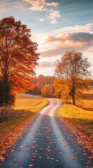 Fototapeta premium Vibrant autumn road winding through colorful trees and golden fields in a picturesque countryside landscape