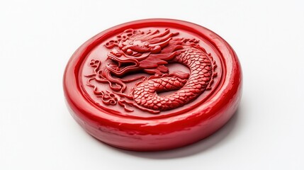 A detailed red dragon seal symbolizing power and luck in Chinese culture.