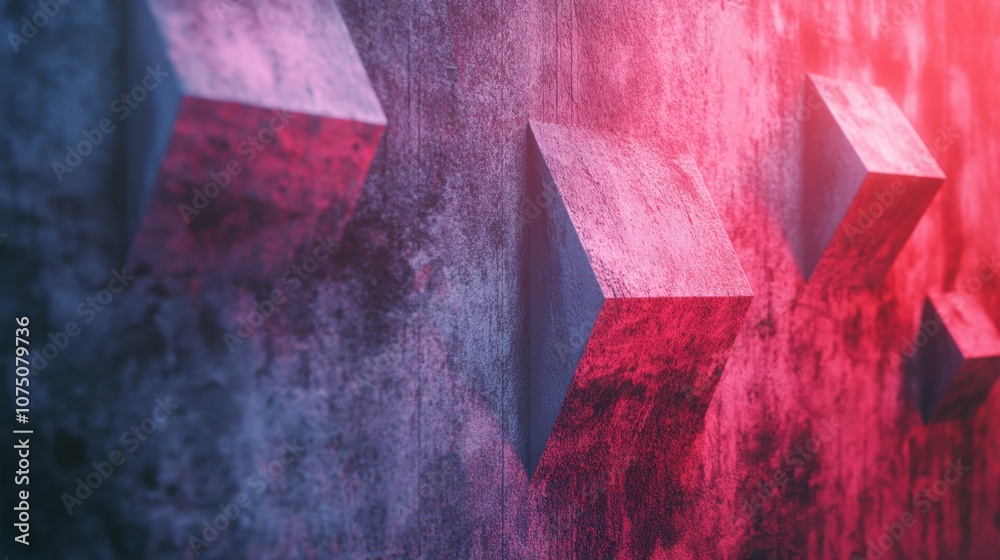 Poster 3d cubes of various sizes, lit with a vibrant red and blue light, creating a dynamic and textured sc