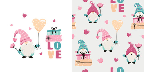 A festive set. Background and seamless pattern with cute dwarfs, balloons and gifts. Vector design for baby bedding, fabric, wallpaper, wrapping paper and more.