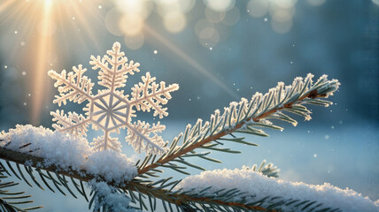 Close-up of snowflake on pine branch with sunlight
