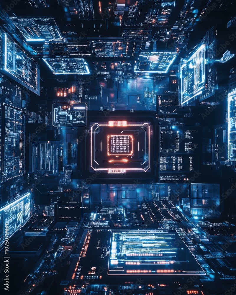 Leinwandbilder aerial view of a modern high-tech workspace filled with glowing digital interfaces and circuits at n