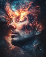 Surreal close-up of a politician's face illuminated by cosmic flames, showcasing a dreamlike experience during a twilight event