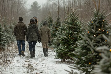 A group of four people strolls hand in hand through a snow-covered forest filled with evergreen trees adorned with lights. The chilly air adds to the festive holiday atmosphere
