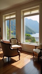 Fototapeta premium Classical living room featuring a seating area by large windows
