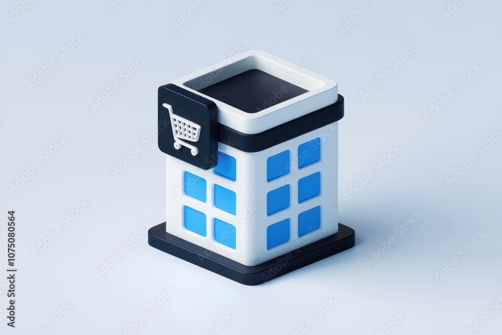 Poster 3D rendering of a building with a shopping cart icon.