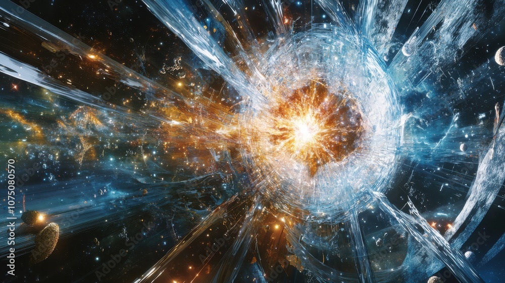 Poster a vibrant illustration of the higgs boson in a cosmic explosion, showcasing the fundamental particle