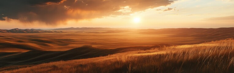 Breathtaking sunset over rolling hills in a tranquil landscape bathed in golden light