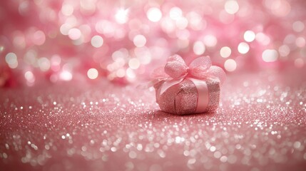 Elegant pink gift box with a ribbon, on a sparkling, bokeh-filled pink background.