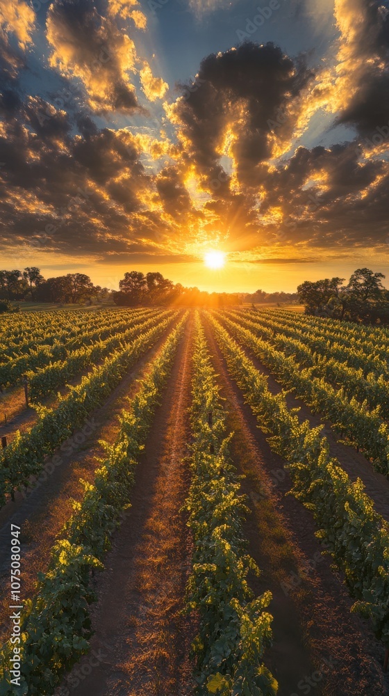 Poster golden sunset illuminates lush vineyards with rows of grapevines stretching into the horizon on a tr