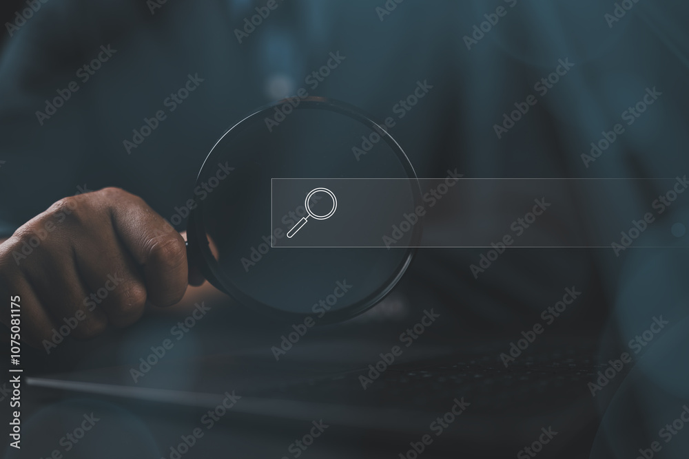 Poster businessman holding a magnifying glass Displays a search for information he is interested in through online websites,keyword search concept to find information from online websites,website link search
