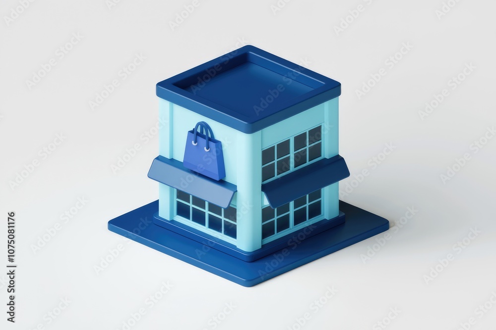 Poster a 3d rendering of a blue and white storefront with a shopping bag sign.