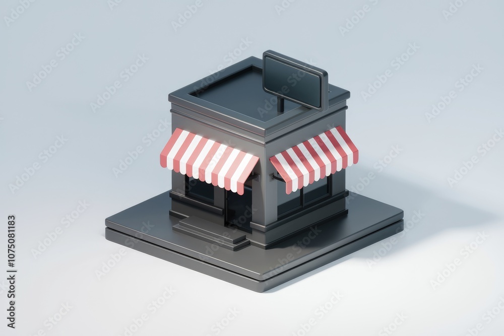 Poster 3D rendering of a black store with red and white awning