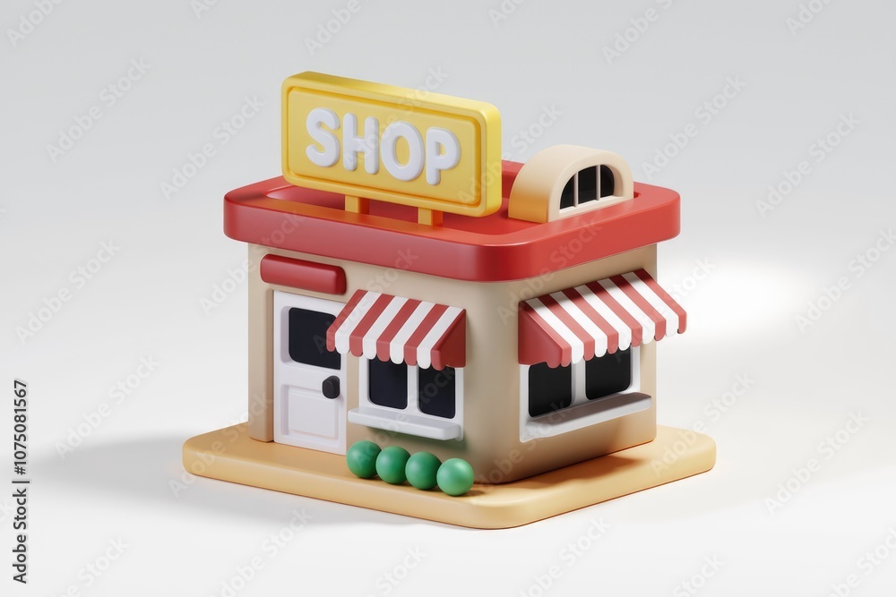 Poster a 3d rendering of a small shop with a red roof and striped awning.