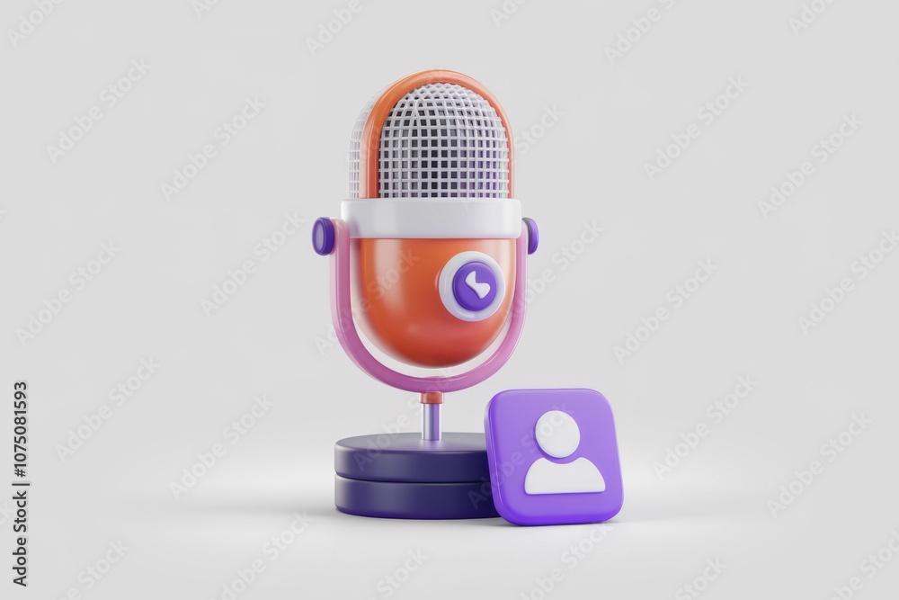 Poster a 3d rendered cartoon microphone with a purple user icon.
