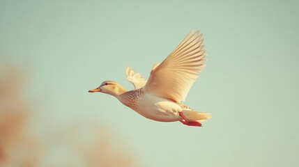 flying duck captured mid-flight against a clear blue sky, showcasing the grace and freedom of nature, invoking feelings of adventure and exploration in a vibrant setting