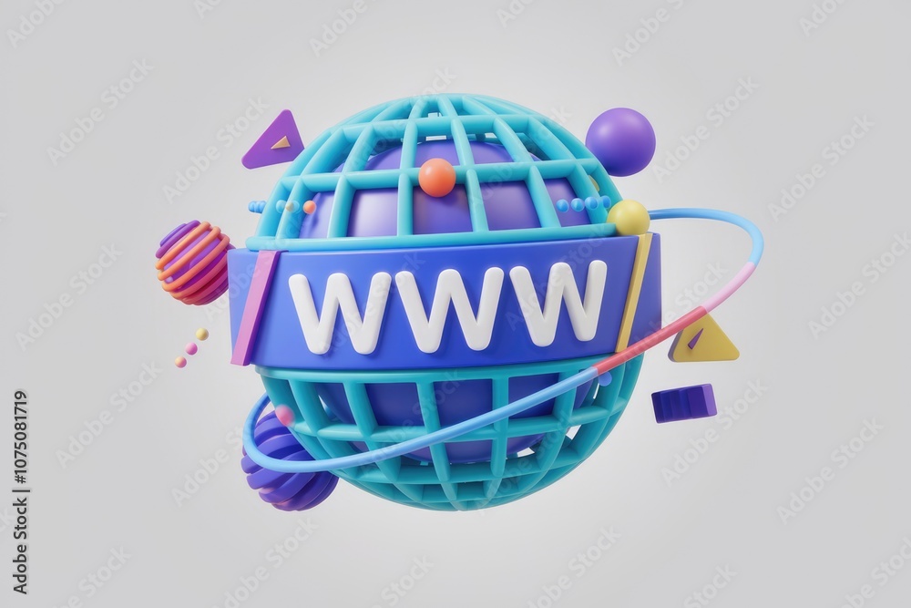 Poster 3D globe with www text and colorful geometric shapes