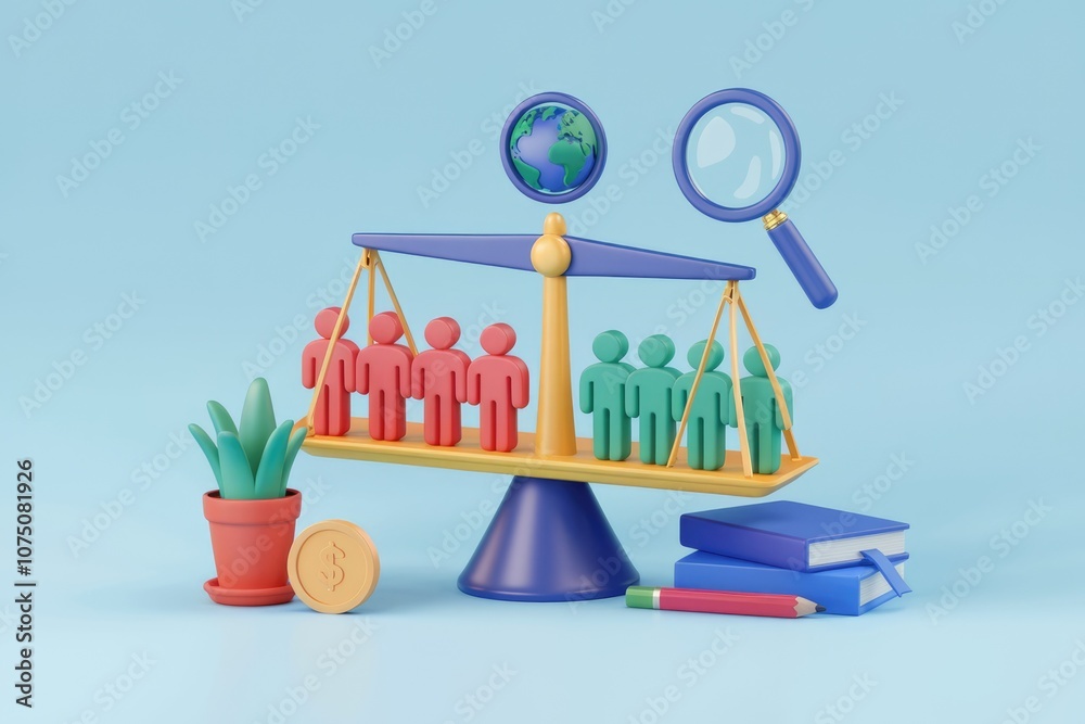 Aufkleber 3D scale with people representing balance between values.